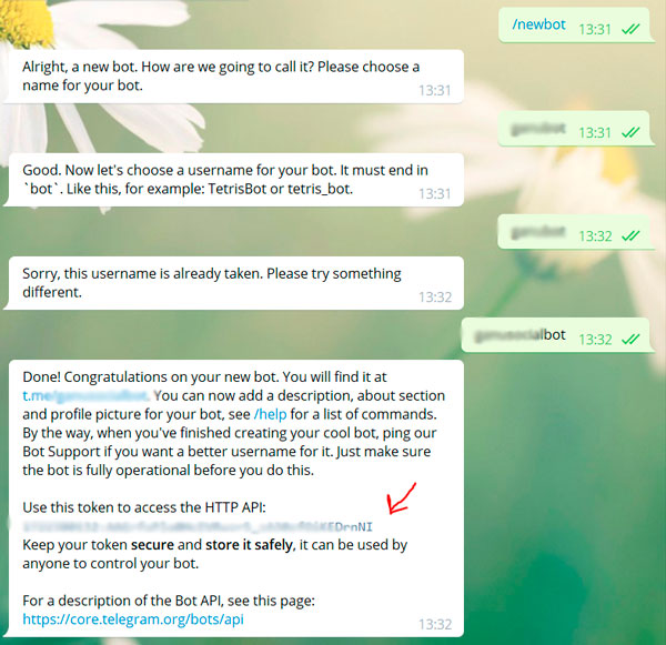 creando el bot desde botfather