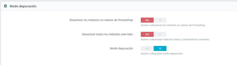 activar depuración en prestashop